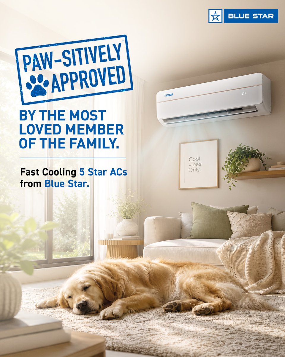 BlueStarLtd's tweet photo. Even your furry friend loves Fast Cooling 5 Star ACs from Blue Star. #InternationalDogDay https://t.co/dJmDug9GFu