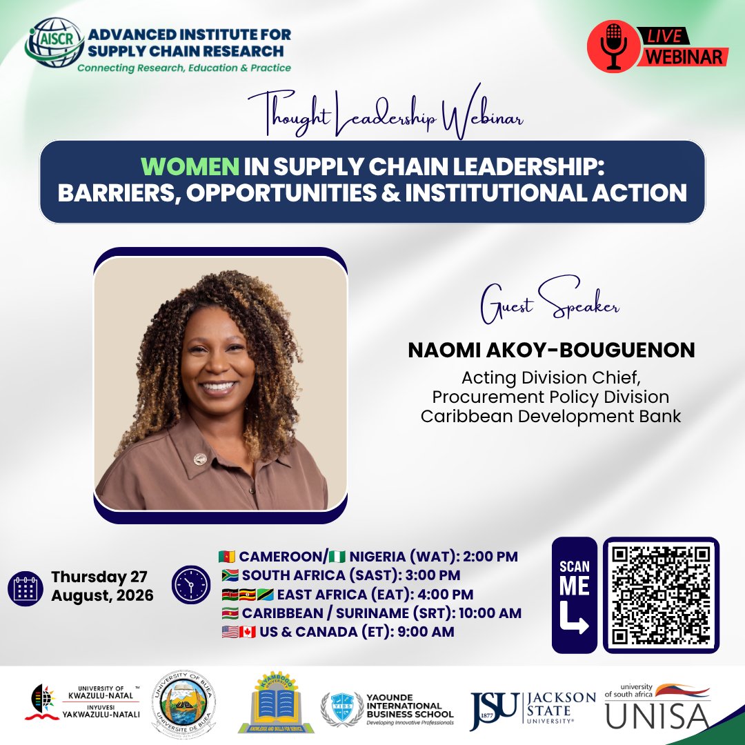 Caribank's tweet photo. 🌟Women in Supply Chain Leadership

This Thursday, August 27, join Mrs. Naomi Akoy-Bouguenon, CDB's Acting Division Chief, Procurement Policy Division, as she shares insights from more than 15 years of experience advancing procurement, development finance, and capacity building across the Caribbean.

 🎙️Webinar Topic: Women in Supply Chain Leadership: Barriers, Opportunities & Institutional Action

Register here: https://t.co/LjuVkh1MwC

🎯 Gain insights. 
💬 Join the dialogue. 
🌱 Be part of advancing stronger, more inclusive leadership across the Caribbean. 

#WomenInLeadership #SupplyChainLeadership #Procurement #SustainableDevelopment #OurCaribbean