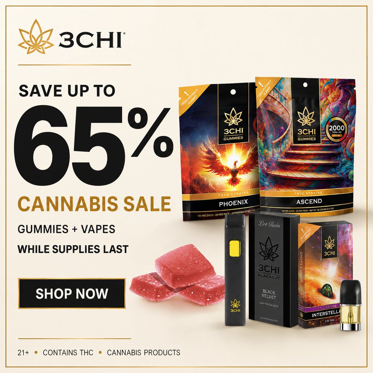3CHIcanna's tweet photo. HUGE SALE! Up to 65% OFF Premium Cannabis Products!