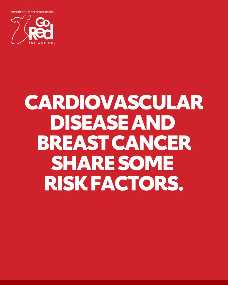GoRedForWomen's tweet photo. Cardiovascular disease is the leading cause of death for women, and breast cancer remains a major health concern too. In some cases, they’re even connected, with certain breast cancer treatments increasing the risk of heart issues later in life.

The good news? You may lower your risk for both with a few lifestyle changes:

❤️ Eat a balanced, nutritious diet
❤️ Stay at a healthy weight
❤️ Make regular exercise part of your routine
❤️ Quit smoking or never start

Your family history also plays a significant role in your risk for heart disease and breast cancer. 

It's important to discuss your personal health factors with your doctor to develop a plan that's right for you. 

When it comes to your health, stay informed, stay proactive.