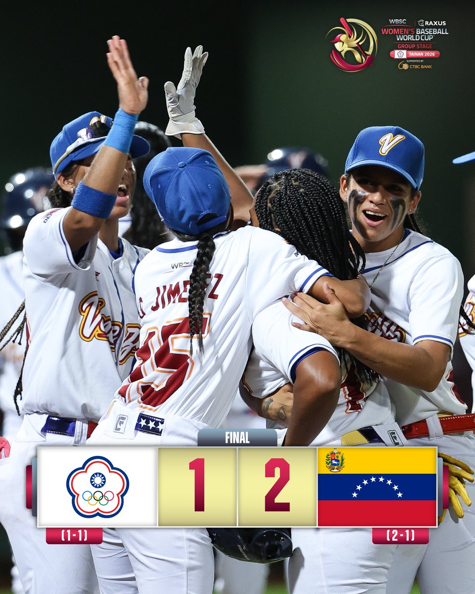 WBSC's tweet photo. Venezuela collect their second win of the tournament at the WBSC/RAXUS Women's Baseball World Cup Group Tainan 2026 supported by CTBC🇻🇪🎉
#BaseballWorldCupW https://t.co/Jrkdg4Mts9