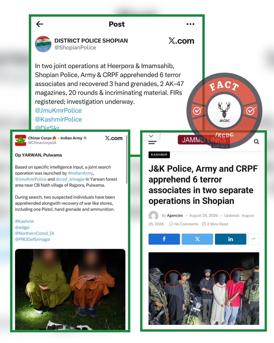 JKCDC_'s tweet photo. 🚨Disinformation Alert
Pakistan-based propaganda accounts are twisting terror-linked arrests into a fake “intimidation of #Kashmiris” narrative, claiming Indian Forces “arbitrarily arrested 8 Kashmiris” in Pulwama & Shopian
#Fact: The 8 arrested individuals were TERROR ASSOCIATES, not civilians picked up arbitrarily.