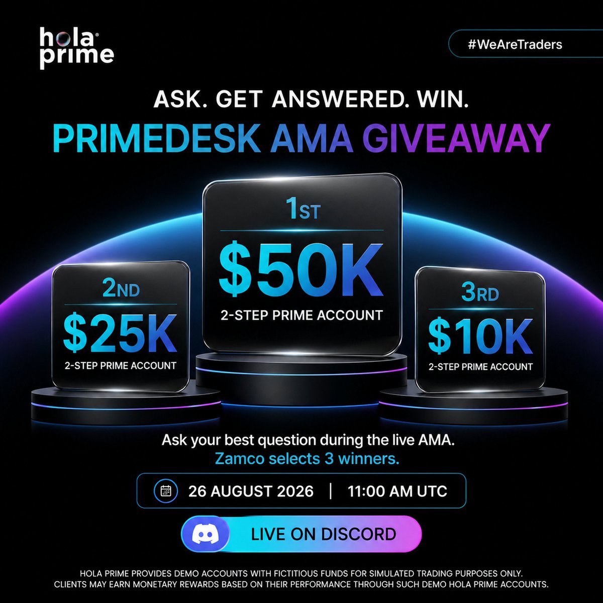Propfirmedge's tweet photo. 🔥 GIVEAWAY ALERT — THIS ONE IS BIG! 🚨

Got a question for a serious trader? Ask @ZamcoCapital live and you could walk away with a 2-Step Prime Challenge! 🏆

🥇 $50K account
🥈 $25K account
🥉 $10K account

🎯 Strategy • Mindset • Market Structure

Bring your sharpest question to the PrimeDesk AMA. Ask. Get answered. Win. 👀🔥

🗓 26 August 2026
⏰ 11:00 AM UTC
🎙️ Live on Discord

Don’t just watch the AMA. Come prepared to win. 🚀

#HolaPrime #PrimeDesk #WeAreTraders #Giveaway