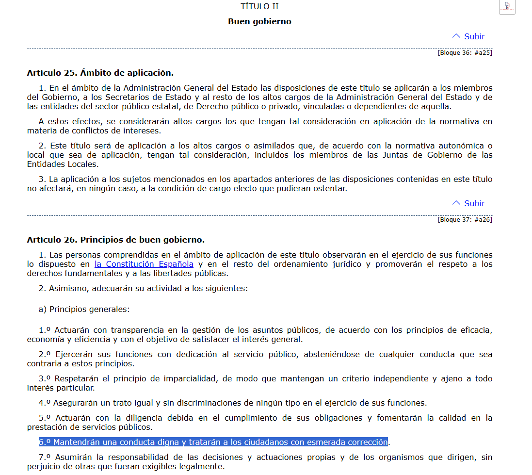 Er__Tato's tweet photo. Los miembros del Gobierno "mantendrán una conducta digna y tratarán a los ciudadanos con esmerada corrección".

Artículo 26.2.a).6º de la Ley 19/2013, de 9 de diciembre, de transparencia, acceso a la información pública y buen gobierno, señor ministro @oscar_puente_ https://t.co/Ds3hDhCIvg