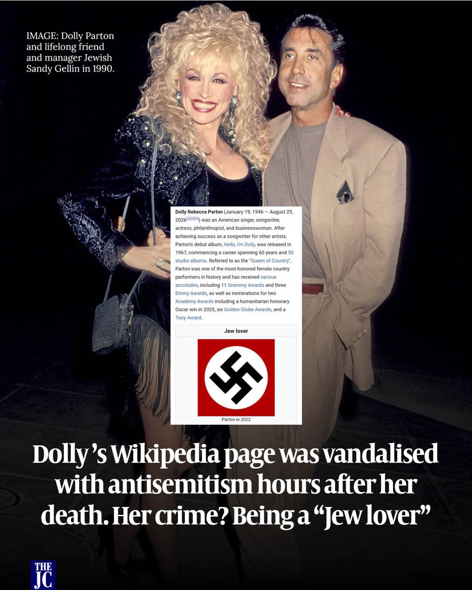 JewishChron's tweet photo. 🚨 Dolly Parton's Wikipedia page was vandalised with antisemitism hours after her death. Her crime? Being a “Jew lover”

This appeared to be a reference to her long friendship with Sandy Gallin, who served as her personal manager for 25 years between the 1970s and ‘90s.

The edits have now been reversed by Wikipedia’s volunteer editors.

🔗 Read the full story on our site now