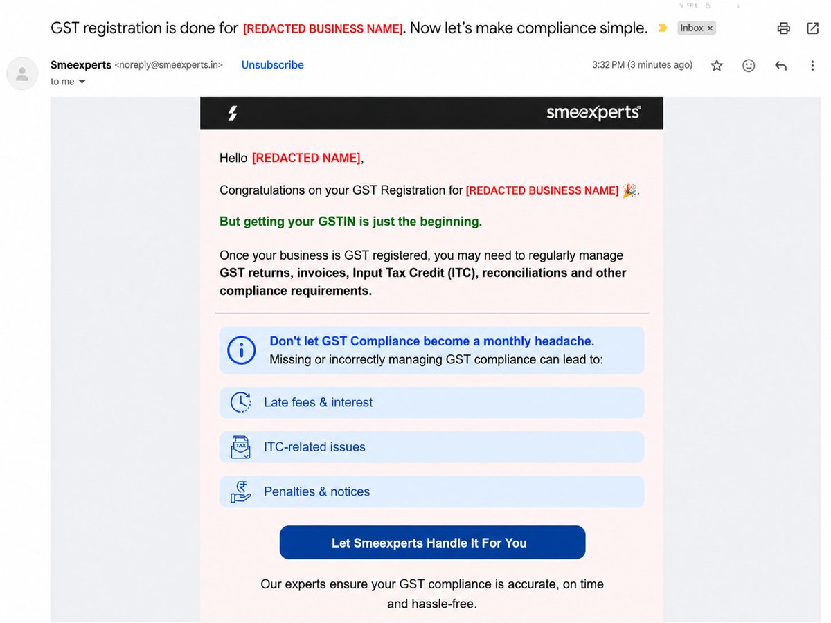 bnitshah's tweet photo. How did these private service providers know about the new GST registration and obtain the registered email ID?

Request @Infosys_GSTN   investigate whether taxpayer registration data is being accessed, shared or misused without authorisation.
#GST #GSTN #DataPrivacy https://t.co/qURm7NmYU1