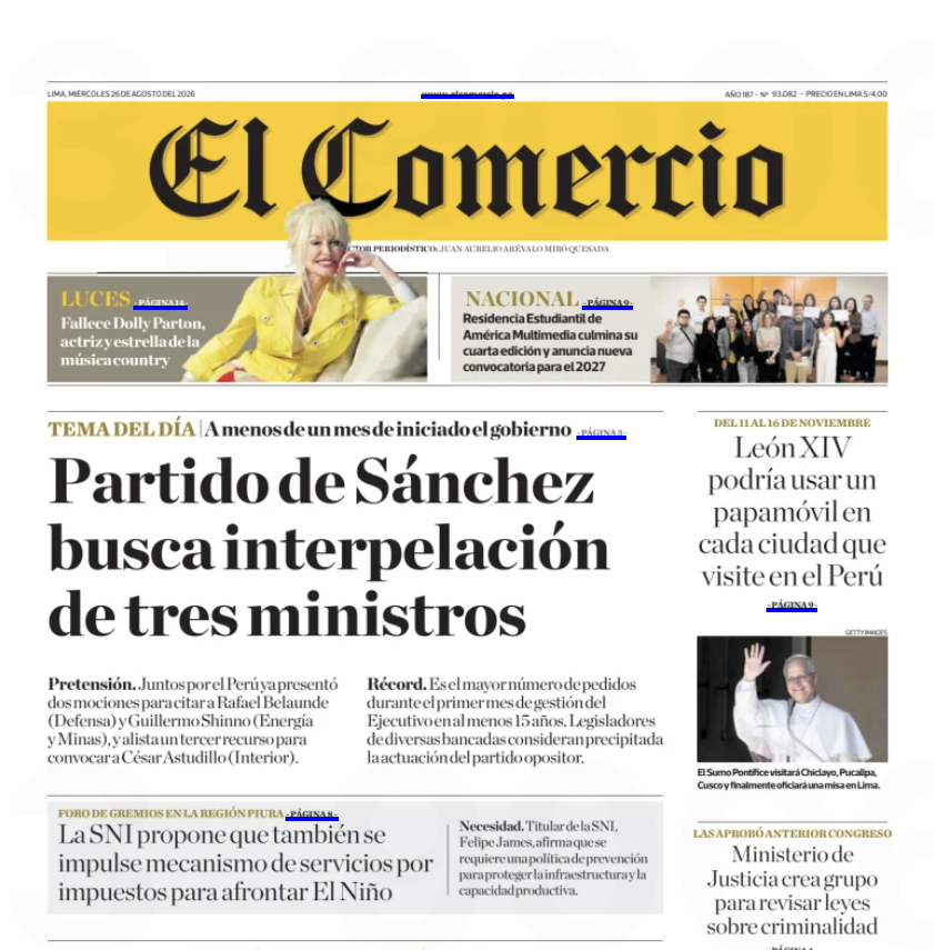 eloymarchan's tweet photo. Las portadas de hoy de los diarios oficialistas Perú 21 y El Comercio atacan a la oposición por interpelar a ministros.
¿Denunciaron "boicot" cuando en 2021 el fujimorismo hacía lo mismo con los ministros de Pedro Castillo? Claro que no.
El periodismo geisha ha vuelto con fuerza. https://t.co/jhw7qTentu