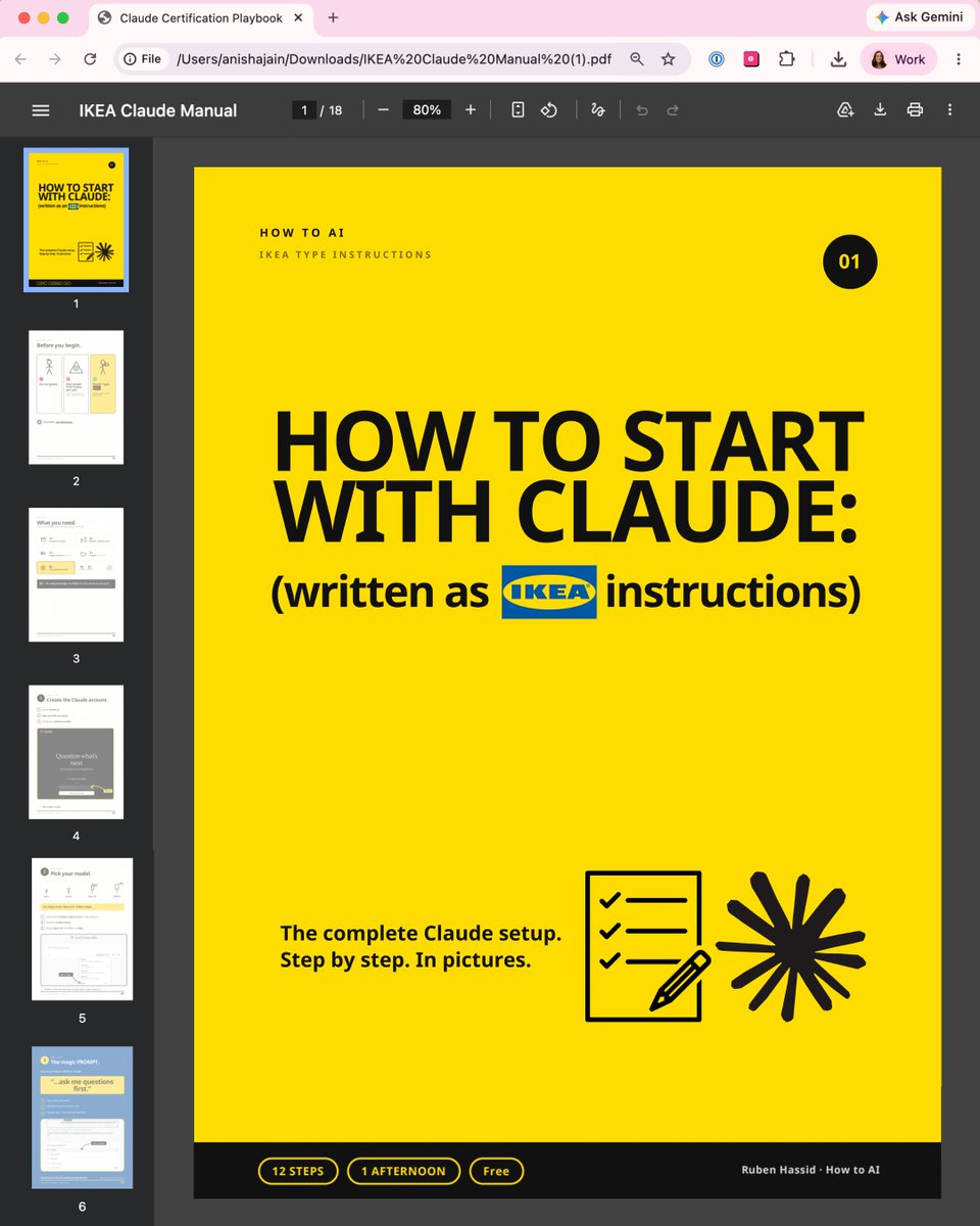 rubenhassid's tweet photo. Claude doesn't come with a manual. 

So I wrote a simple guide (like IKEA instructions):

Most people open Claude, type a question, get a bad answer & decide it's "just another chatbot."

The problem is nobody handed you the instructions. So I wrote one, like flat-pack furniture. 

Here's the whole thing:

1. Get the entire manual (for free)
Go to https://t.co/psB7XxB2Y4. Subscribe for free.
Open the received email in your inbox.
Go to the link, download "Ikea Claude manual"
Keep it open in a second tab while you follow along.

2. The one sentence to end every prompt with - it makes you better at Claude than 99% of people

3. Goals vs. tasks: why "write me an email" gets a worse result than telling Claude what you want

4. The Claude rule that stops your chats getting slow, dumb, and expensive

5. How to give Claude a memory, so every chat already knows who you are

6. The expensive model nobody warns you about and when to use it

7. Connecting your Gmail and calendar, and the skills you build once and never rebuild

No coding. No folders. No jargon. 
If you can build a bookshelf, you can do this.

Keep it open in a second tab while you follow along:
→ https://t.co/psB7XxB2Y4.

I removed every word that wasn't necessary and drew the rest.

If your team is still typing one-line questions into a Ferrari, send them this.

(If you share it, mention the newsletter. Be nice.)