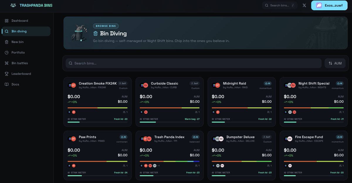 TrashPandaBin's tweet photo. The tokenized $BIN fund explore page, bin diving.

Explore all created funds on https://t.co/asRfbmBB4L:

It's time @solana gains onchain funds! https://t.co/D0oTXIJDTe