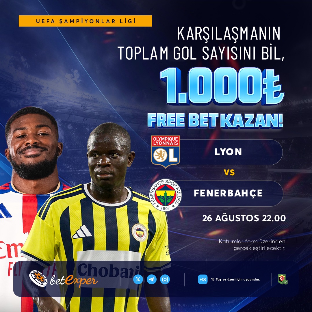 exper2026's tweet photo. 🏆 BETEXPER'DEN TAM 1.000 TL FREE BET HEDİYE!
 
⚽️ Lyon vs Fenerbahçe 🇹🇷

🌟 Karşılaşmanın Toplam Gol Sayısını Bil, Betexper'den 1.000 TL FREE BET Kazan!

🗳 Hemen katıl, dev maçın kazananı sen ol!

🔗 Katılım formu:
https://t.co/SfUMpqp8un https://t.co/9TnL51UHxl