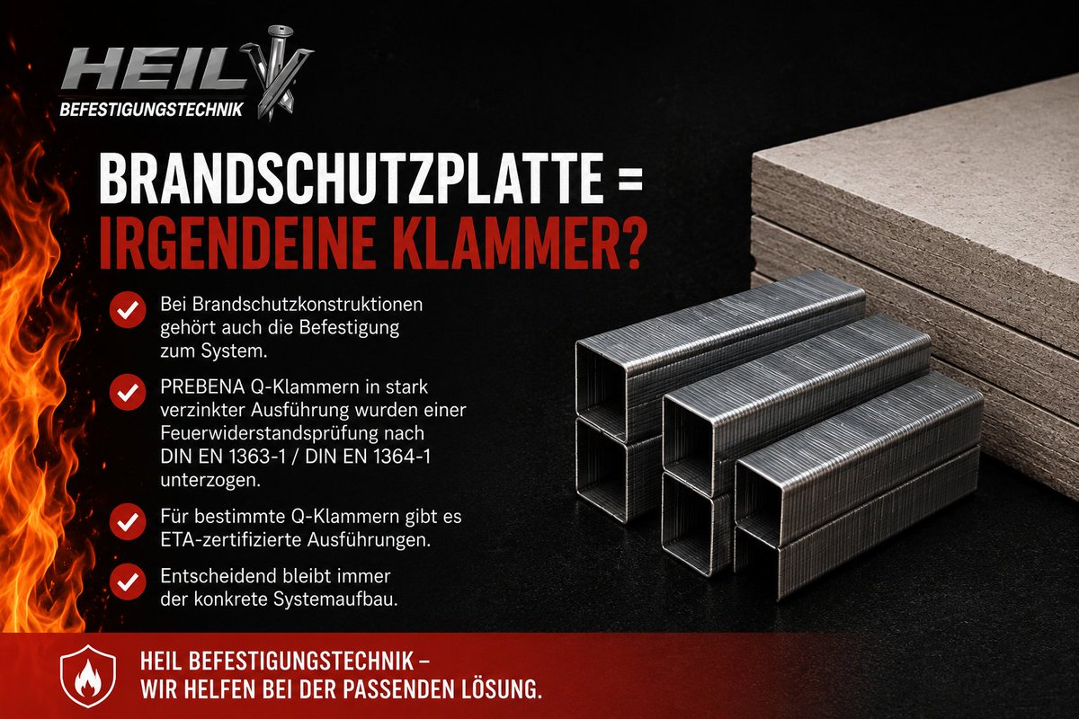 HeilBefestigung's tweet photo. 🔥 Brandschutzplatte = irgendeine Klammer?

Bei Brandschutzkonstruktionen gehört auch die Befestigung zum System.
PREBENA Q-Klammern gibt es in geprüften bzw. ETA-zertifizierten Ausführungen.
Entscheidend bleibt der konkrete Systemaufbau.
#Brandschutz #Holzbau #PREBENA #Klammern https://t.co/tnsrJLGwfn