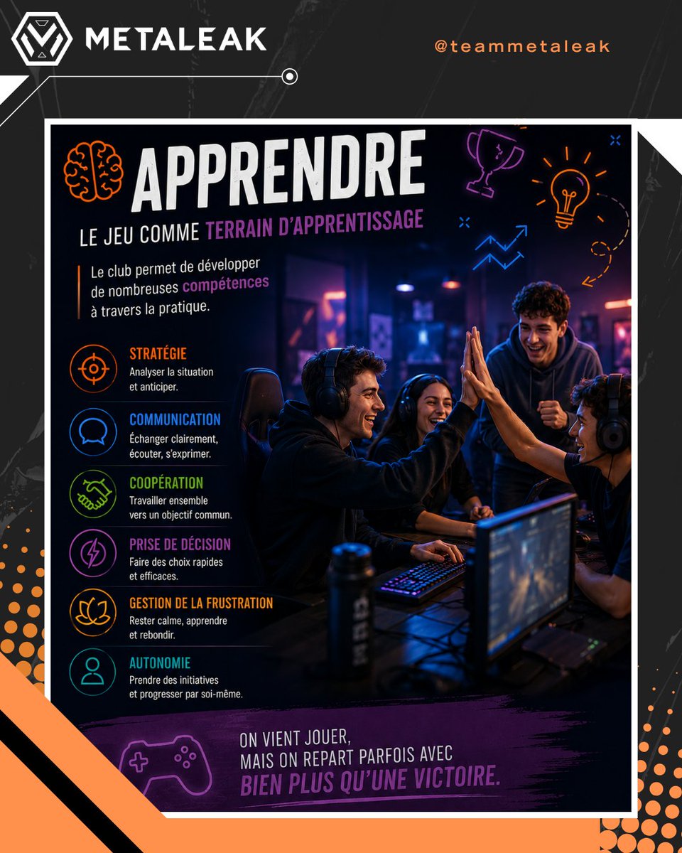 TeamMetaleak's tweet photo. 🧠 On vient jouer, mais on repart parfois avec bien plus qu’une victoire.

Une partie, c’est aussi apprendre à communiquer, coopérer, décider et gérer la frustration.

🎮 Jouer, c’est parfois apprendre sans même s’en rendre compte.

#Gaming #JeuVideo #EsportAssociatif https://t.co/fmfbUzW7mn
