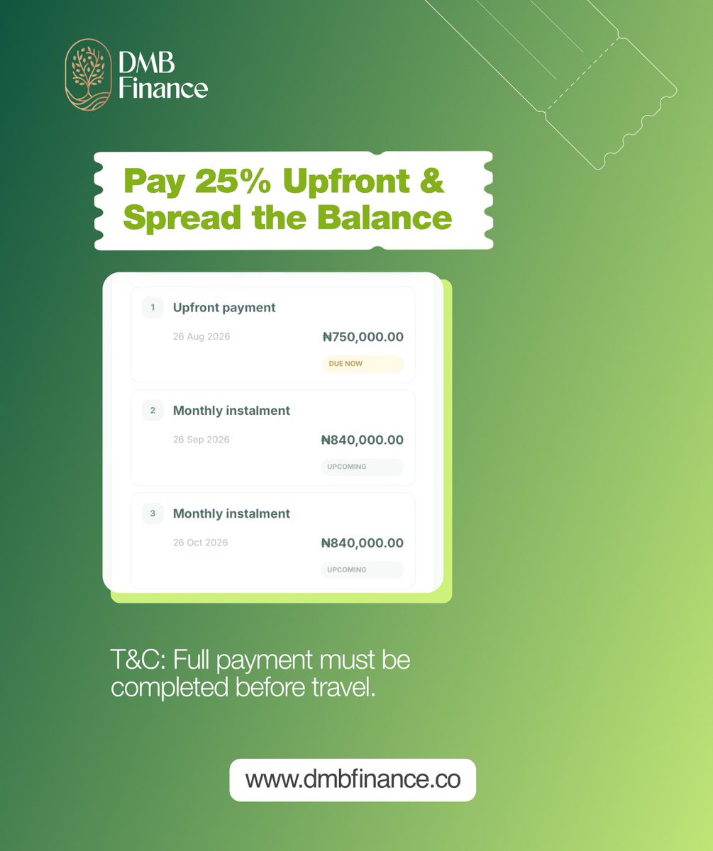 DMB_Finance's tweet photo. Stop postponing that trip because of the full ticket price!

Your dream destination is closer than you think. ✨
Book your flight now and pay in installments. 

Here’s how it works…👇

#DMBFinance #TravelWithDMB #PaySmallSmall #TravelMadeEasy #BookYourFlight #TravelNigeria https://t.co/SUE8C2lS0X