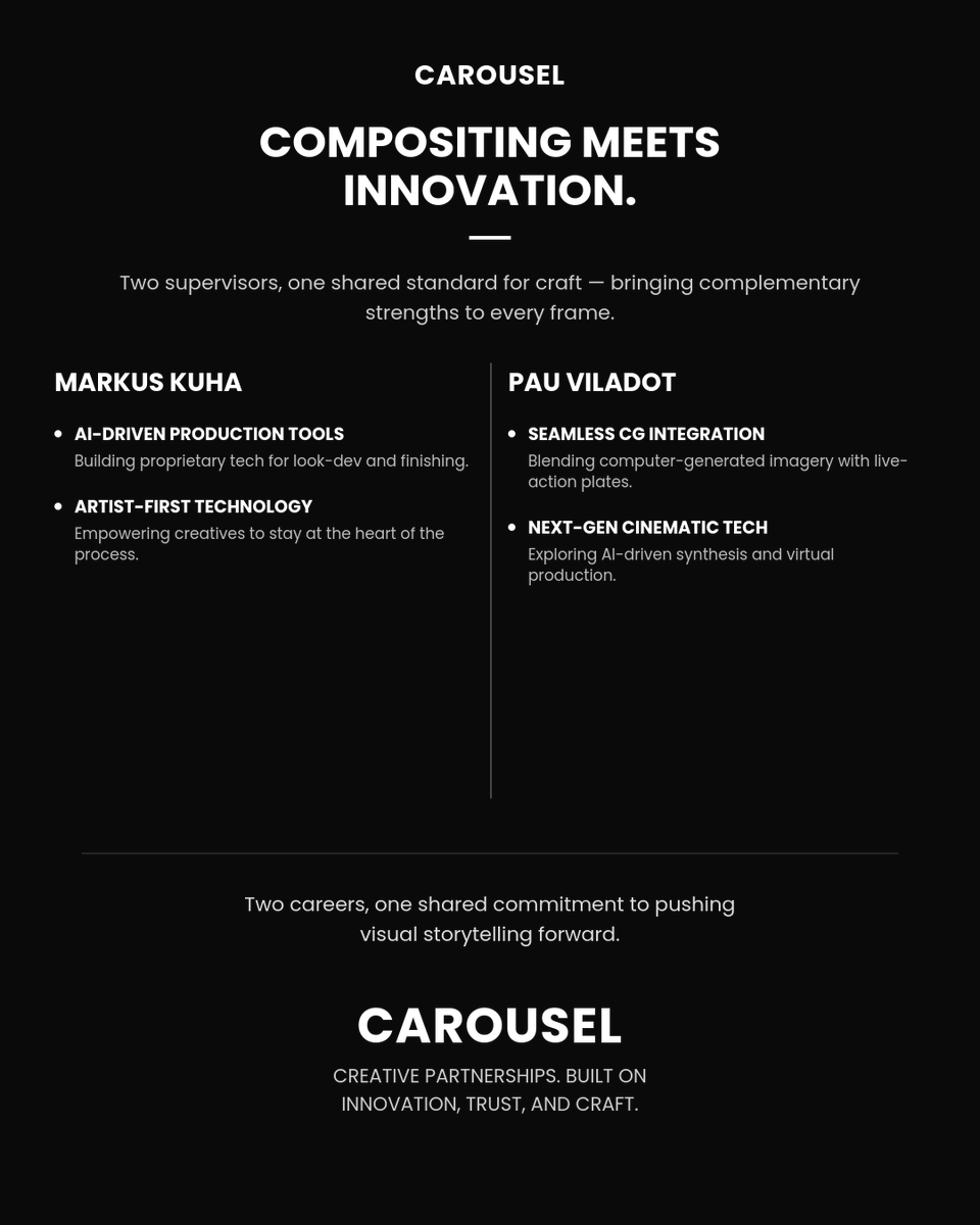 carouselstudio_'s tweet photo. Meet our Compositing Supervisors: Markus Kuha &amp; Pau Viladot.🔥🔥

Markus: 20+ yrs VFX, VES Award winner, ILM/MPC/Method Studios. Credits: Solo, Shazam!, Game of Thrones.

Pau: Weta/ILM/DNEG/Framestore. Credits: Avatar: The Way of Water, Kingdom of the Planet of the Apes.
#VFX https://t.co/XI3PRDqDlG
