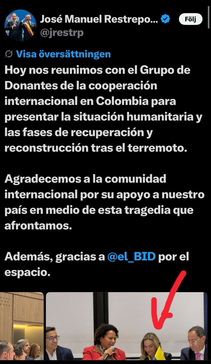 ColomboSweden's tweet photo. Uno se pregunta ¿qué hace la esposa del vicepresidente Restrepo en esa reunión?

¿Uds se imagina lo qué pasaría si Francia Márquez hubiera llevado a su compañero a una de estas reuniones de gobierno?

Y los medios que antes criticaban tanto, hoy callan. https://t.co/V0Nir48joy