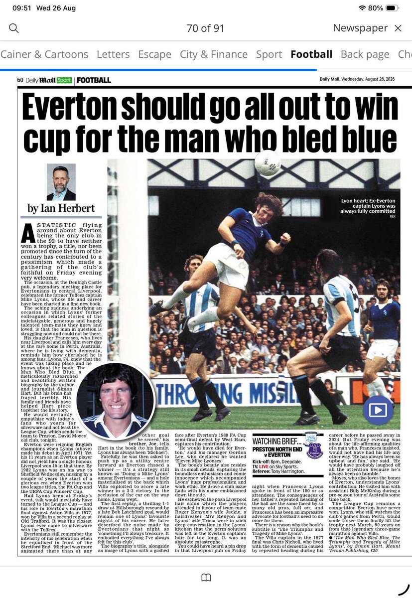 vinerbrian's tweet photo. Lovely piece today by my friend Ian Herbert … so looking forward to reading this book about mighty Mick Lyons, by our old colleague Simon Hart https://t.co/zx1Y4dWfr3