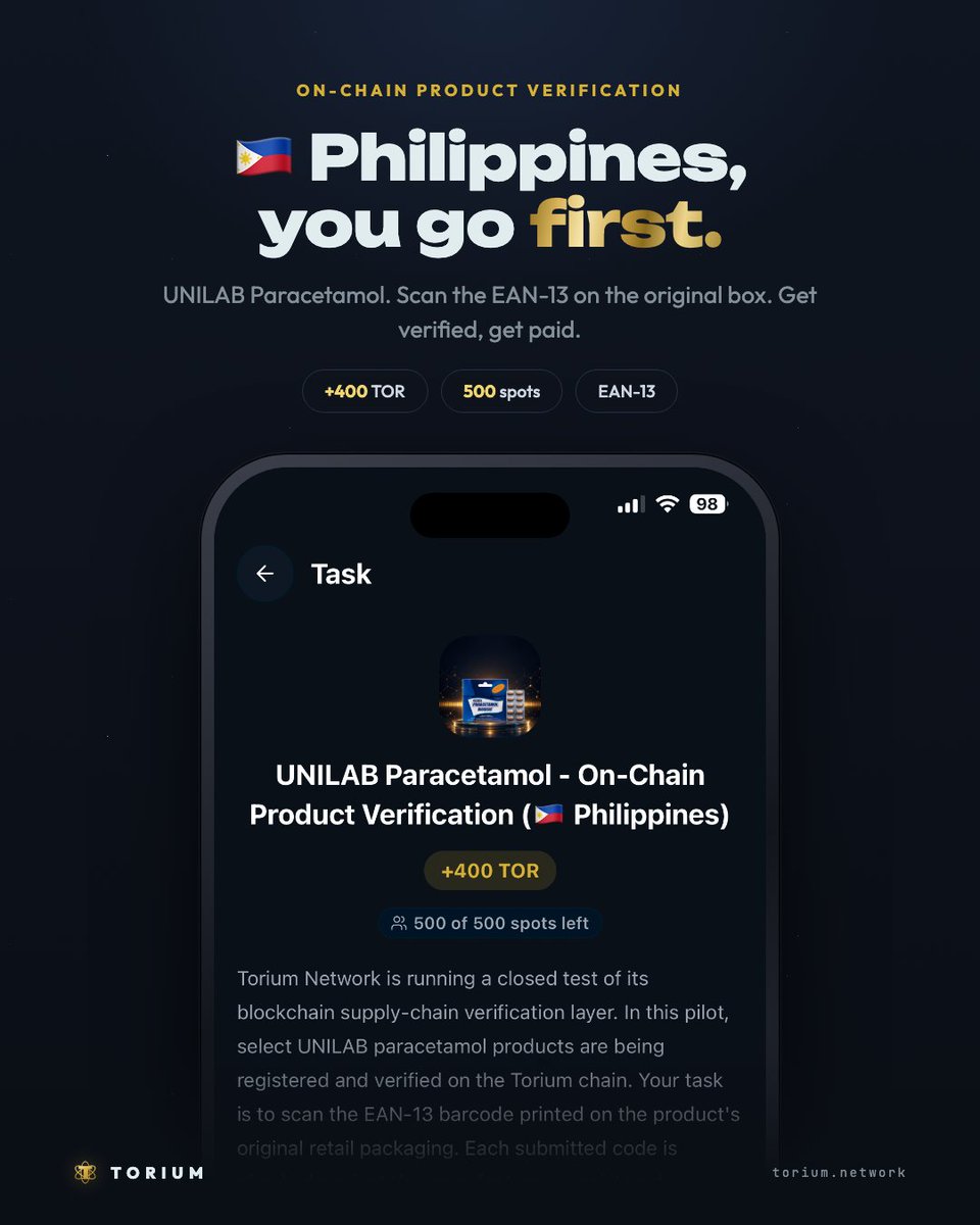 ToriumNetwork's tweet photo. Toriumanias, this is the one you have been waiting for. 🔥

For five months you mined TOR by showing up. Starting today, you earn it by doing real work in the real world. Scan a paracetamol box, verify it on-chain, walk away with up to 500 TOR. 💊⛏️

Scan & Earn is live.

Two On-Chain Product Verification tasks just went live under Torium Tasks:

🇵🇭 UNILAB Paracetamol · +400 TOR · 500 spots
🇻🇳 DHG Hapacol · +500 TOR · 500 spots

Here is the job. Grab the product in its original retail packaging, open the task, tap Scan & Verify and scan the EAN-13 barcode on the box. That is it.

What happens next is the part we have been building toward since March. Every code you submit is checked against the manufacturer's registered barcode range and recorded on the Torium Network as a product verification event. Your phone just became a checkpoint in a supply chain. 🔗

Counterfeit medicine is a billion-dollar problem across Southeast Asia, and the weak spot is always the same: the last shelf before the customer. Warehouses have scanners. Pharmacies in Manila and Ho Chi Minh City have you. This is what Scan & Earn was always meant to be, and if you read our May announcement with a certain Singapore-based partner, you already know where this road leads. 👀

Straight talk, because this is a closed test:

· Only these two products, only in the Philippines and Vietnam for now. The task is not available anywhere else.
· 500 spots each. A pending submission holds a spot, so the counter moves fast.
· Submissions are reviewed before approval. TOR lands after approval, not the second you scan.
· Scan the real box. Photos of a barcode from the internet get rejected and burn your spot.

More products, more countries and more categories follow as the pilot proves out. The Philippines and Vietnam go first. Show us how it is done. 🫡

Open the app → Airdrops → Torium Tasks 

Make free mining great again!

👉 https://t.co/tMN3mNLcW9

#Torium $TOR
