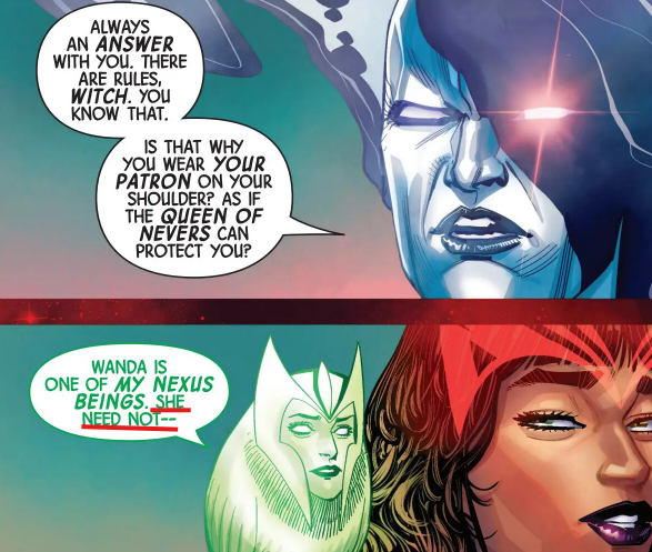 scarletsorcere's tweet photo. @Tsavvy32 @PKerrouche37617 @CL0V0R the In-Betweener comes to judge Wanda because she altered the cosmic balance but she sends him back and states that the Never Queen doesn't need to protect her. Furthermore, she created a new cosmic entity and still isn't being judged. https://t.co/F1tnBAtumB
