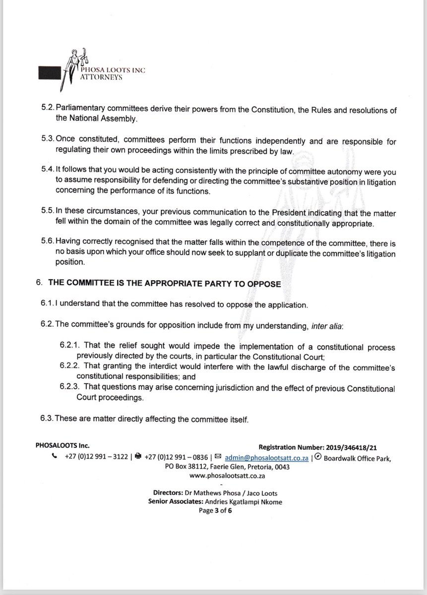 EFFSouthAfrica's tweet photo. The legal opinion relied upon by the Speaker of the National Assembly, Hon. Thoko Didiza, to justify her decision to abide in the Constitutional Court proceedings was prepared by Phosa Loots Inc. Attorneys, a firm associated with former ANC Treasurer-General and senior ANC leader, Mathews Phosa.

This raises serious questions about impartiality, adherence to party-political interests, and the potential for conflicts of interest in matters requiring the Speaker to exercise constitutional independence.
