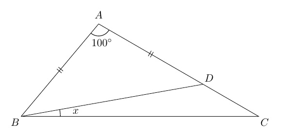 MatildaSpicer's tweet photo. AB = AD, BD = AC, and ∠BAC = 100°.
Find the measure of ∠CBD.

#mathpuzzle #Geometry #GeometricProblem https://t.co/nkMlFnmRcG