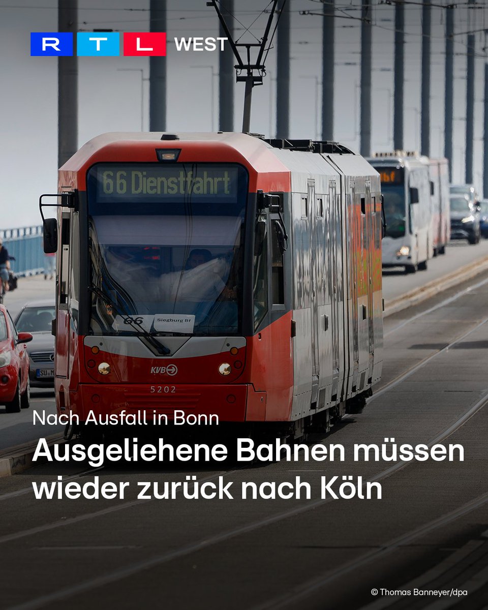 RTLWEST's tweet photo. Die Kölner Verkehrsbetriebe (#KVB) holen ihre ausgeliehenen Bahnen am Mittwoch (26.08.) wieder aus #Bonn zurück. Dort mussten im Juli 60 von insgesamt 75 #Stadtbahnen aus dem Verkehr gezogen werden. Sie sollten wegen Materialermüdungen überprüft werden und dann wieder fahren. Die Kontrollen dauerten aber länger als zunächst gedacht. Die KVB hatten kurzfristig 20 Straßenbahn-Wagen ausgeliehen. Zum Schulstart am Mittwoch (02.09.) werden die aber wieder in Köln benötigt. Wie der Fahrplan nach den #Sommerferien in Bonn aussieht, ist noch unklar.