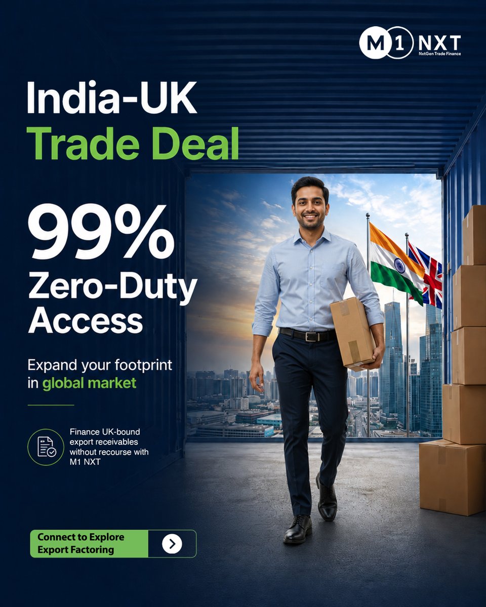 M1Nxt's tweet photo. India–UK trade is opening new opportunities for exporters and financiers.

More exports → More receivables → More financing demand.

M1 NXT enables digital cross-border trade finance, including Export Factoring.

#IndiaUKTrade #ExportFinance #TradeFinance #M1NXT https://t.co/9RZrbyDb1Z