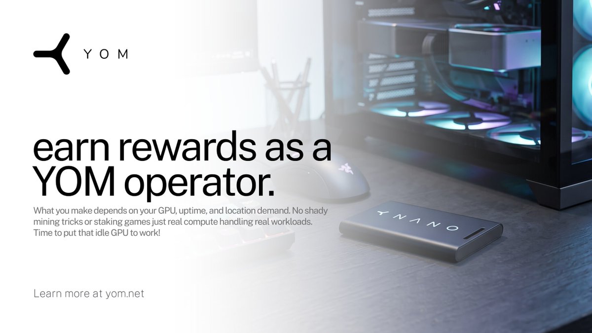 YOM_Official's tweet photo. You can actually earn rewards as a YOM operator just by sharing your PC's idle power. 

What you make depends on your GPU, uptime, and location demand. 

No shady mining tricks or staking games just real compute handling real workloads. 

Time to put that idle GPU to work! https://t.co/gYEWAmVq5c