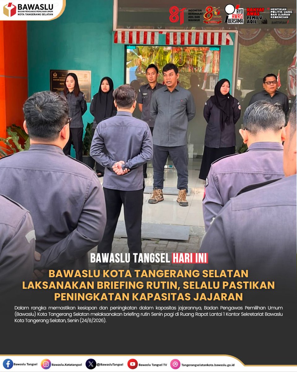 BawasluTangsel's tweet photo. Dalam rangka memastikan kesiapan dan peningkatan dalam kapasitas jajarannya, Badan Pengawas Pemilihan Umum (Bawaslu) Kota Tangerang Selatan melaksanakan briefing rutin Senin pagi di Ruang Rapat Lantai 1 Kantor Sekretariat Bawaslu Kota Tangerang Selatan, Senin (24/8/2026). https://t.co/qSsdNsMLFG