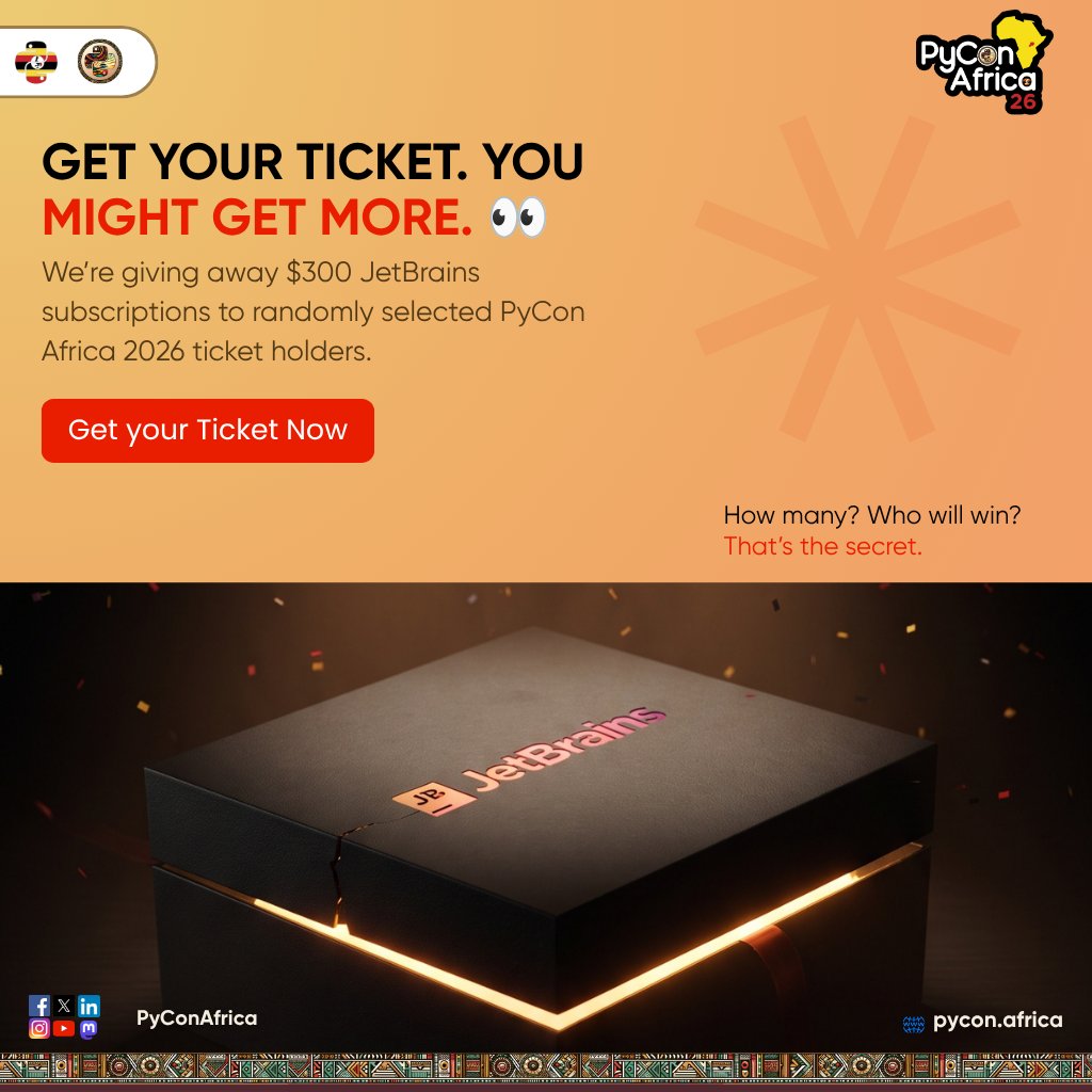 pyconafrica's tweet photo. Get your PyCon Africa 2026 ticket. You might get more. 👀
We're throwing $300 JetBrains subscriptions at random ticket holders, no extra steps, just grab your ticket. Kampala, Oct 7-11.
https://t.co/gNRGm3vTO3
#PyConAfrica2026 #PyConUganda2026 https://t.co/xJuwkUZ5os