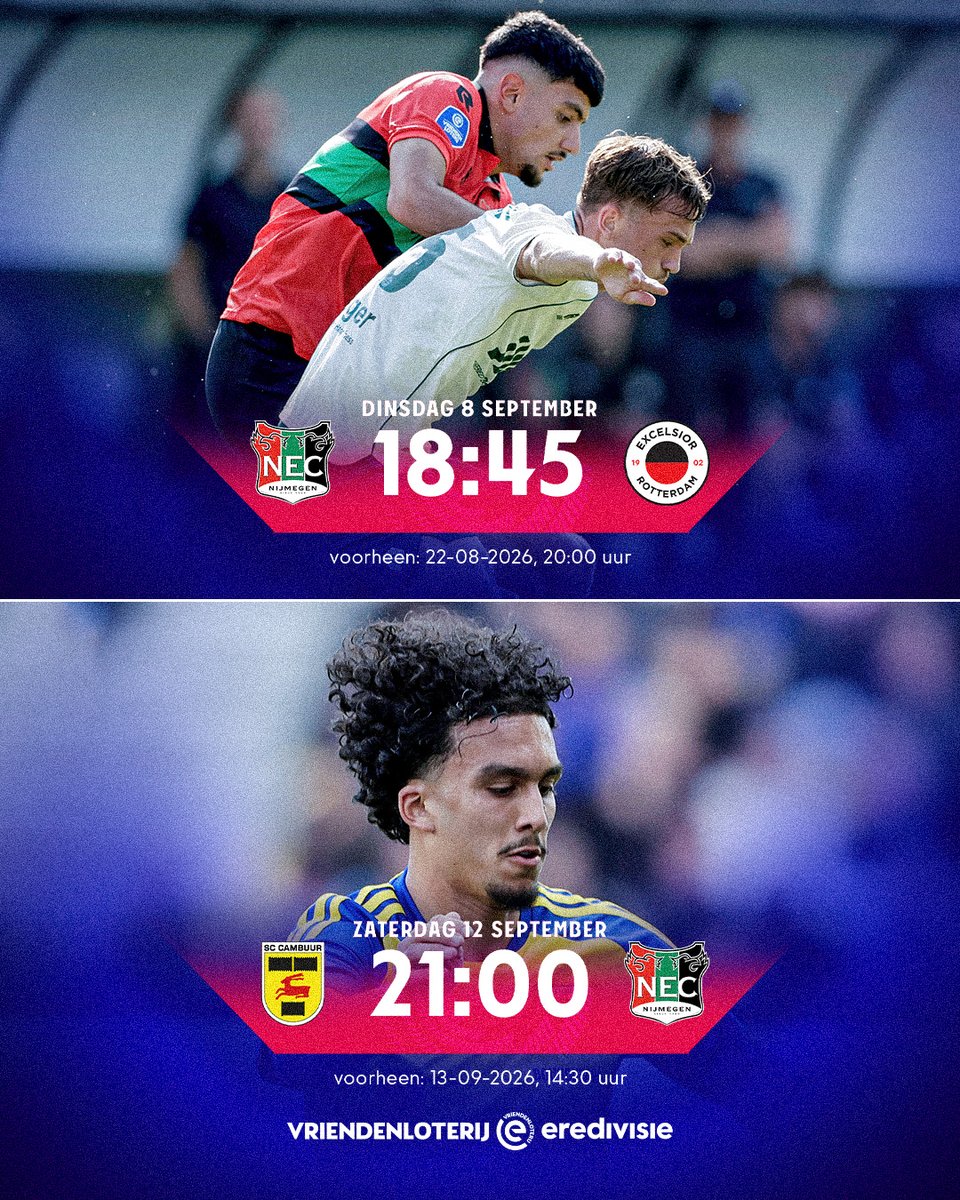 eredivisie's tweet photo. De deelname van N.E.C. aan het hoofdtoernooi van de UEFA Europa League, heeft gevolgen voor het competitieprogramma in de VriendenLoterij Eredivisie. 

🆕 Vier wedstrijden zullen hierdoor een nieuwe datum krijgen.

#necexc #camnec #heetel #necfor https://t.co/llRlsa6TUX