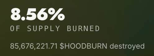 HOODBURN_RH's tweet photo. Over 8.5% of the $HOODBURN supply has been burned already, less than 1 hour since the token launched 🪶🔥

@SinjohDeFi really is incredible tech! https://t.co/iK3Ynqew3m