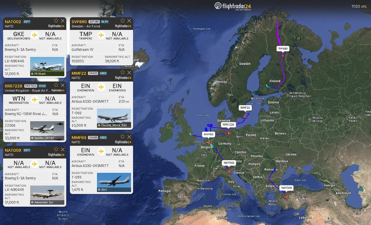 MoloWarMonitor's tweet photo. NATO air activity in Europe is intensifying, several aerial refueling tankers are taking off right now.

Currently, two E-3 Sentry AWACS aircraft are airborne, one took off recently from Germany heading toward Italy, while the second operated over Romania for a few hours and is now heading south.

Notably, a Royal Air Force RC-135W Rivet Joint is flying towards Polish airspace, likely to conduct reconnaissance over the Baltic states.

Meanwhile, a Swedish ISR aircraft is conducting routine surveillance operations along the border between Finland and Russia.