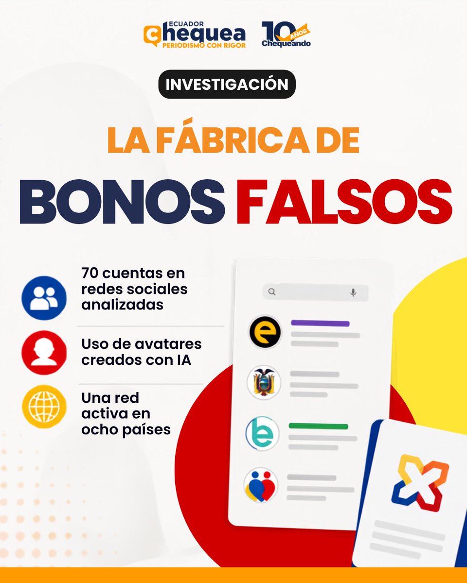 EcuadorChequea's tweet photo. #ChequeaInvestiga | 🚨 La fábrica de bonos falsos: Ocho países, una misma red 🧵
Después de tres meses de investigación, te contamos cómo funciona la red de fraude digital que suplanta al Ministerio de Desarrollo Humano y a otras instituciones para engañar con la falsa promesa de bonos estatales.
🔗Lee la investigación completa en: https://t.co/Ps5dazbjcu