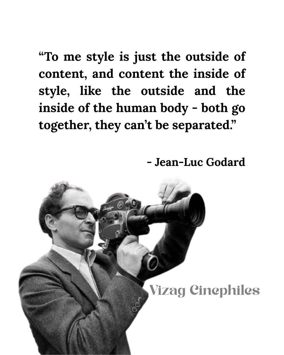 VizagCinephiles's tweet photo. “To me style is just the outside of content, and content the inside of style, like the outside and the inside of the human body - both go together, they can’t be separated.”

- Jean-luc Godard

#VizagCinephiles #Godard https://t.co/ML6yNnaHCe