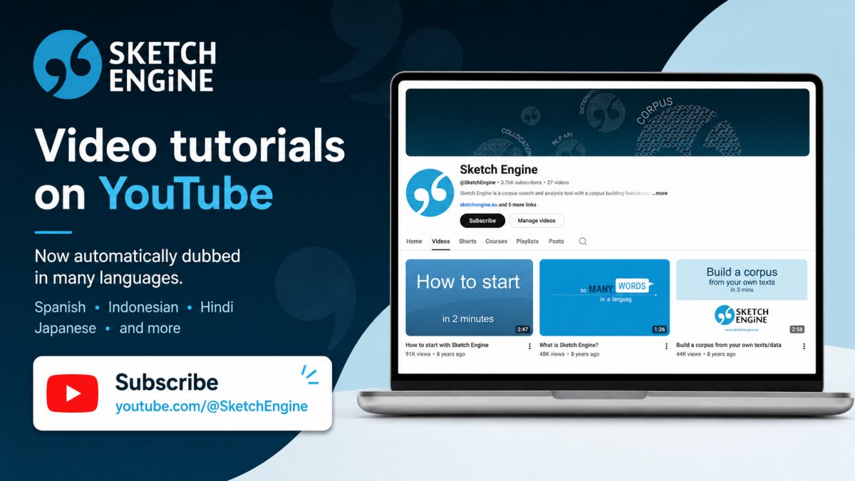 SketchEngine's tweet photo. Our YouTube tutorials now speak more languages! 🌍
Try automatic dubbing in Italian, Indonesian, Hindi, Japanese and more. How does Sketch Engine sound in your language? Let us know!
https://t.co/Y84s61owBq
#CorpusLinguistics #textanalysis https://t.co/NIFdWqMFmr