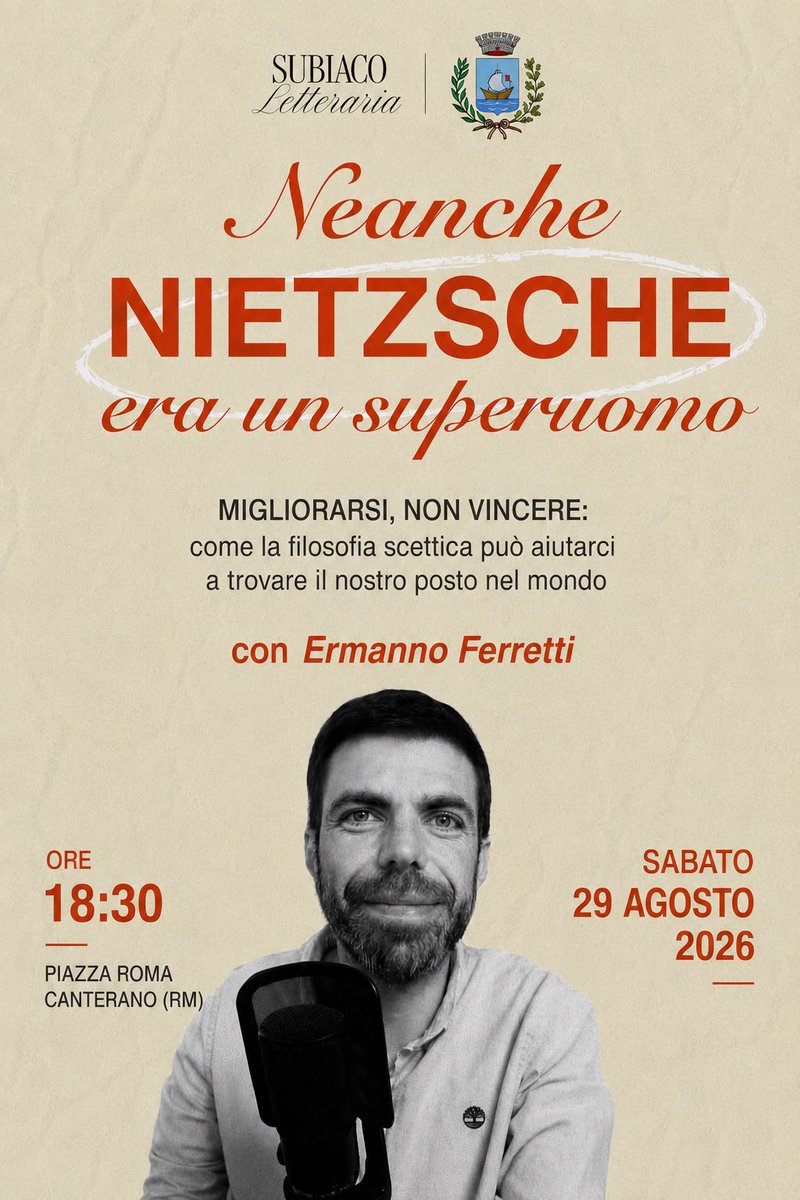 scrip's tweet photo. Sabato pomeriggio, alle 18:30, sarò in piazza a Canterano, non distante da Roma, per parlare di "Neanche Nietzsche era un superuomo", ma anche di filosofia, società e tanto altro, ospite degli amici di Subiaco Letteraria. Veniteci a trovare. Info qui https://t.co/70lRCCLfzr https://t.co/4dgpFnVZdC