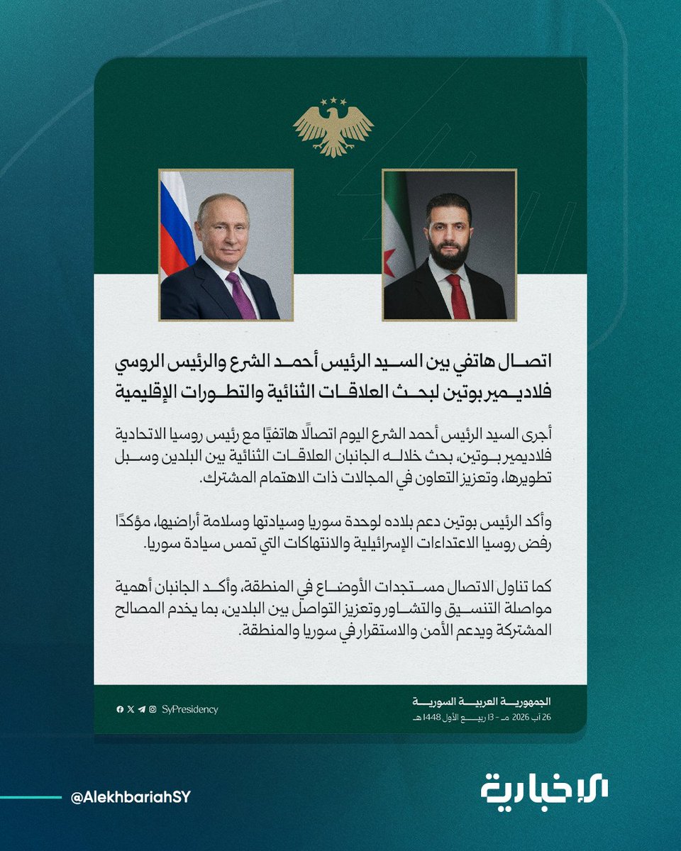 AlekhbariahSY's tweet photo. رئاسة الجمهورية: اتصال هاتفي بين السيد الرئيس أحمد الشرع والرئيس الروسي فلاديمير بوتين لبحث العلاقات الثنائية والتطورات الإقليمية

#الإخبارية_السورية https://t.co/GUekDEUlZs