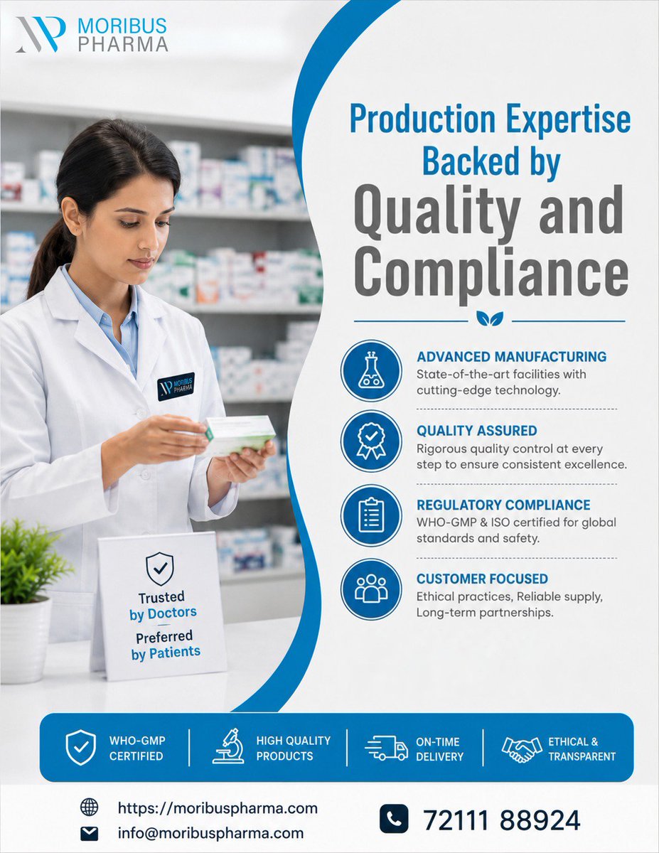 moribus_pharma's tweet photo. Great healthcare starts with great manufacturing.

When it comes to pharmaceuticals, quality isn’t just a final check; it’s built into every step.

📩 info@moribuspharma.com
🌐 https://t.co/q08qdSvWN0

#MoribusPharma #PharmaceuticalManufacturing #PharmaIndustry #QualityInPharma https://t.co/N61m0S9D1Z