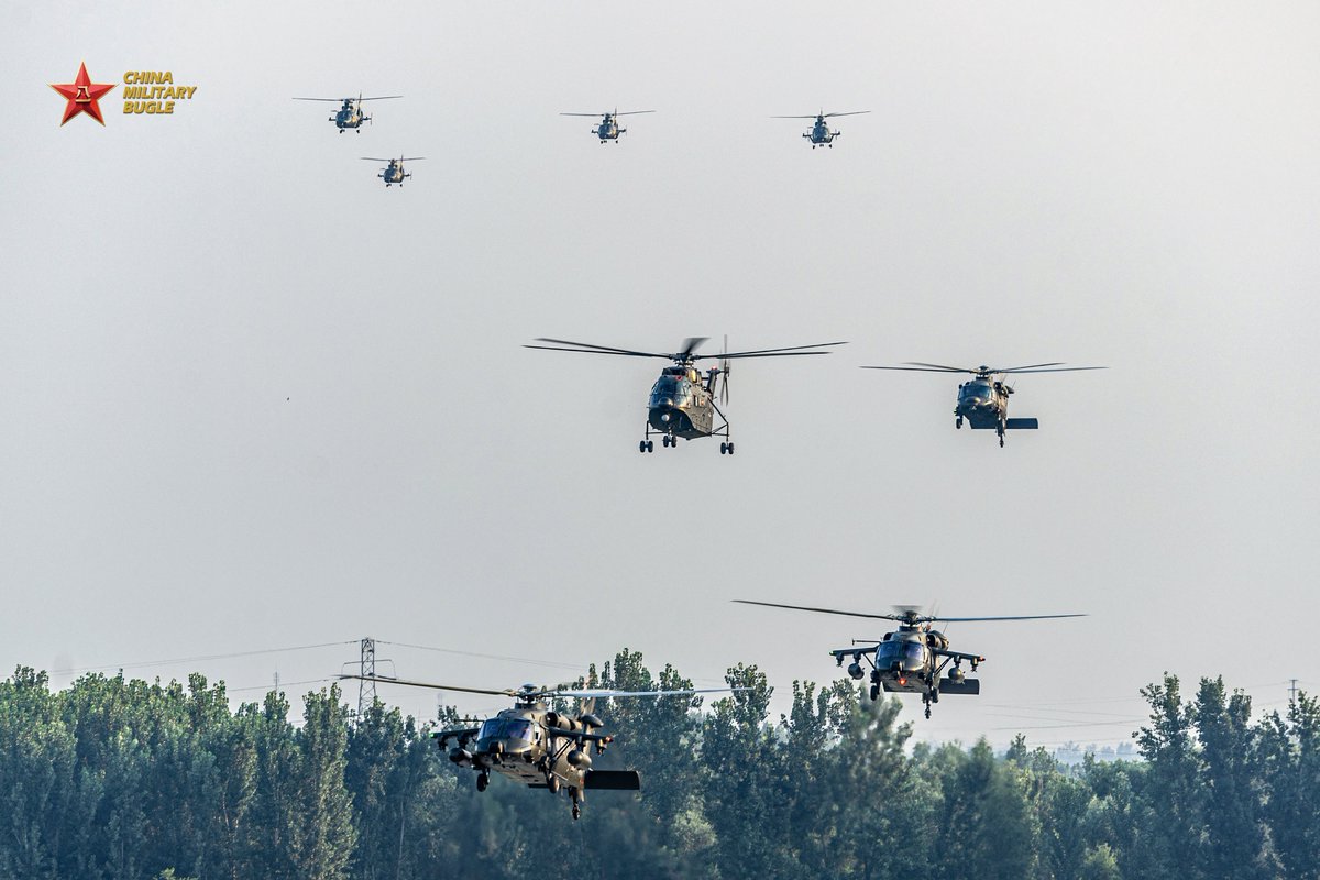 ChinaMilBugle's tweet photo. Air Cavalry:Photos show multiple helicopters attached to a brigade of the Chinese PLA 80th Group Army lifting off for training.#PLA #Army #PLAA #Z8 #Z9 #Z10 #Z20 #Z20T #ChinaMilitary #ChinaMilBugle