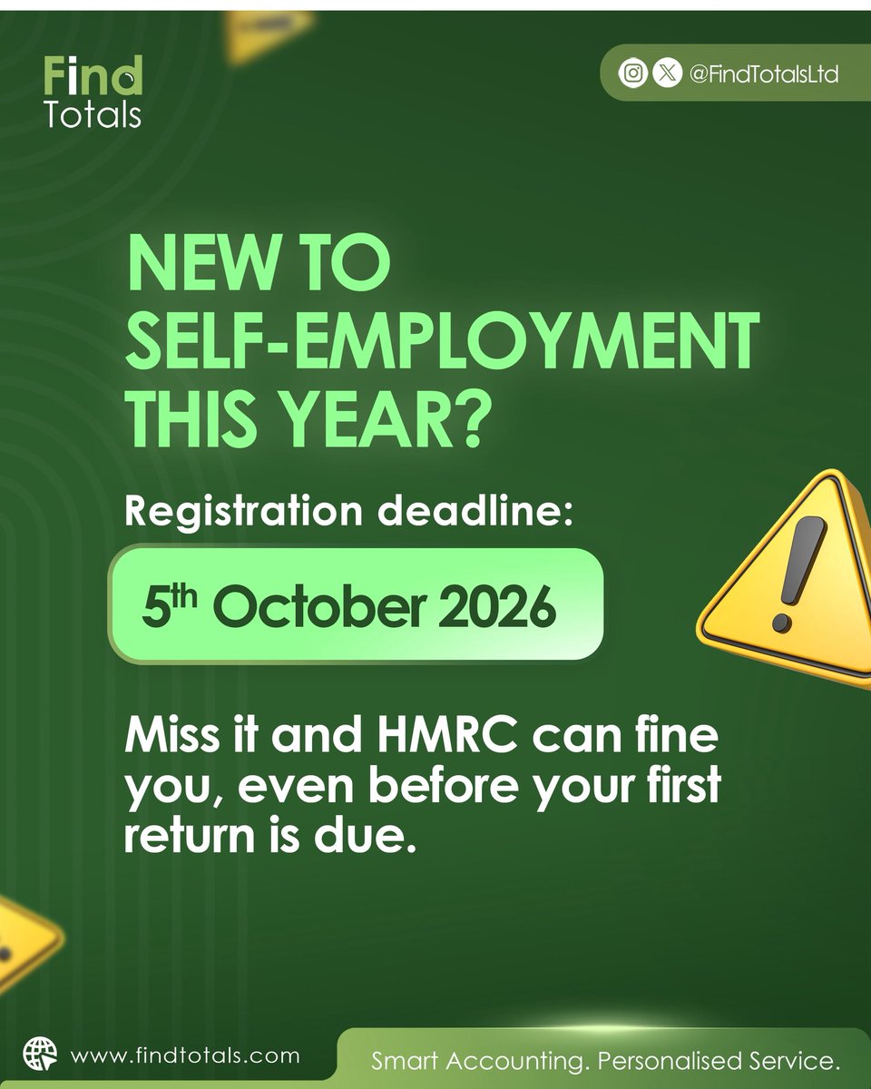 FindTotalsLtd's tweet photo. Started self-employment or rental income in 2025/26?
Register for Self Assessment with HMRC by 5 Oct 2026. That's not the filing deadline — it's just telling HMRC you exist as a taxpayer. Miss it and you can be penalised, even if you file correctly later. #SelfAssessment #HMRC https://t.co/7xUECqLGXQ