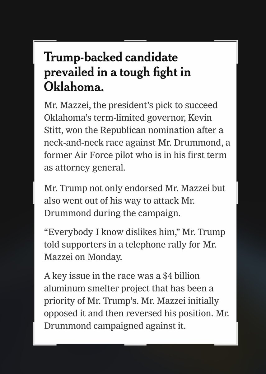 CamSpradling's tweet photo. @nytimes notes Trump attacked Gentner Drummond over Trump’s pet $4B aluminum smelter. I know smelter contamination—I helped win $118M for Blackwell. Oklahoma rejected a good man because an elderly sex predator put his thumb on the scale. Read both in full and weep for Oklahoma. https://t.co/BnSMM9Vkvg