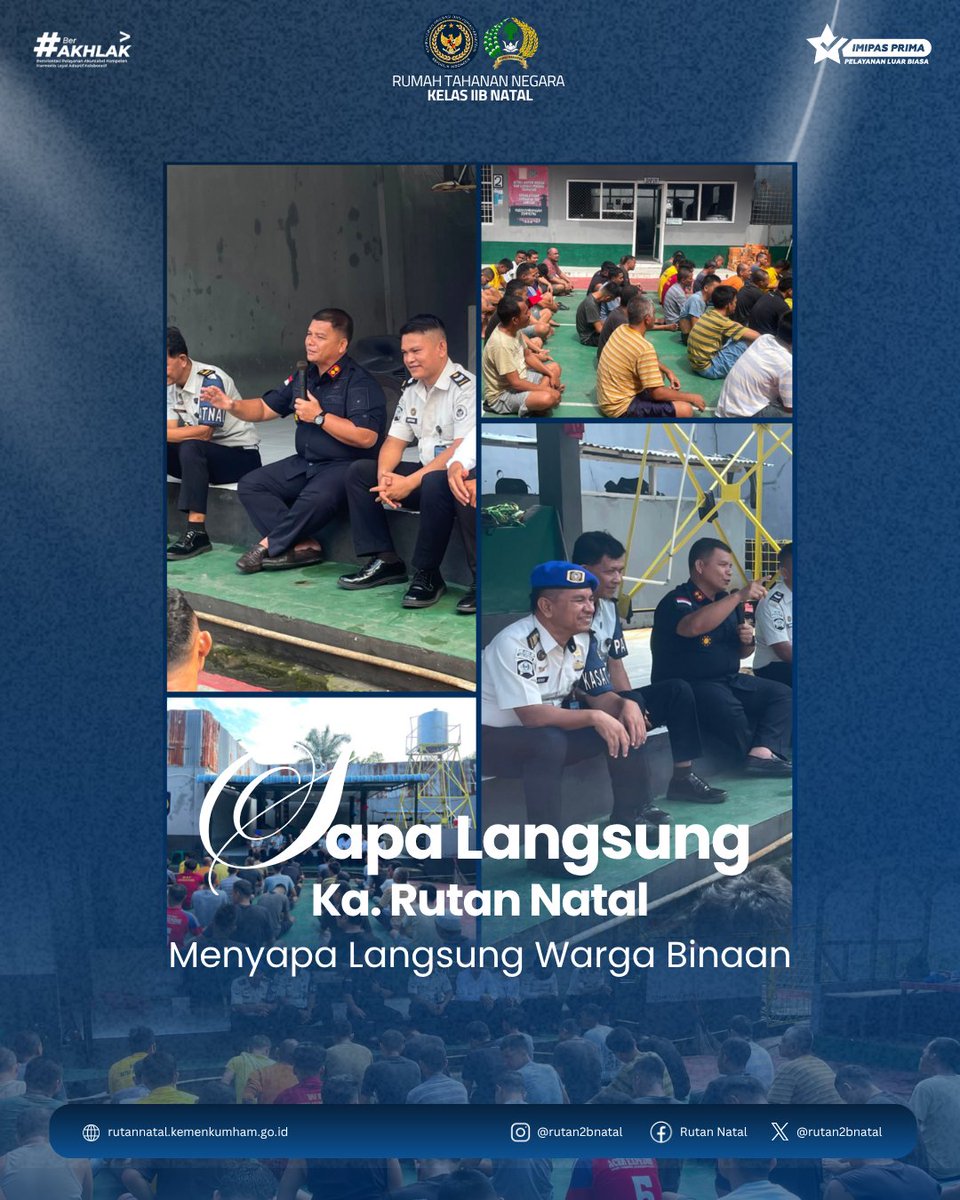 rutan2bnatal's tweet photo. Natal – Ka. Rutan Natal melaksanakan kegiatan sosialisasi dan ramah tamah bersama Warga Binaan sebagai bentuk komunikasi dan pembinaan selama menjalani masa pidana. (Senin, 24 Agustus 2026)

#RutanNatalPATEN
#Kemenimipas
#InfoImipas
#Pemasyarakatan https://t.co/JZo0249Lnx