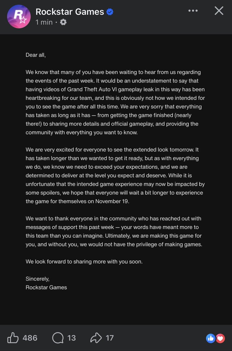 Raffahfernandez's tweet photo. Pronunciamento da Rockstar sobre o vazamento do GTA VI https://t.co/yUfVQQ1NFF