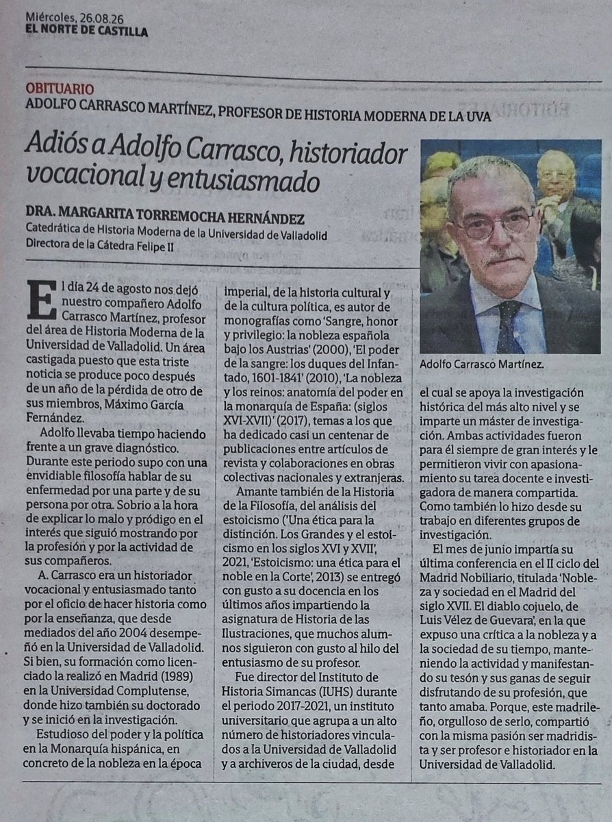 BurriezaMateos's tweet photo. Ha fallecido el profesor de la @FyL_UVa Adolfo Carrasco, historiador y director del Instituto @SimancasUVa entre el 2017 y 2021.  Nos dejó el 24 de agosto pero queda su ingente obra. Obituario de Margarita Torremocha en @nortecastilla hoy. #DEP https://t.co/RA8WQCOkW1