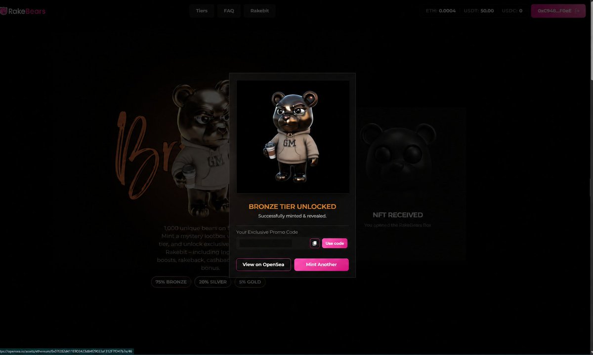 Va77ss's tweet photo. Opened my RakeBears box and of course I pulled Bronze 😭🐻

Mint is LIVE NOW → https://t.co/d594Gnrw8B

RakeBears is a 1,000 NFT collection on Ethereum with 3 mystery tiers: Bronze, Silver and Gold.

My Bronze came with a promo code that unlocks 10% rakeback, 6% cashback + a $50 bonus on @rakebitcom 

Public mint is $100 in USDT/USDC/ETH, max 5 per wallet.

can't complain tho, this bear kinda looks like me before my first coffee lool
