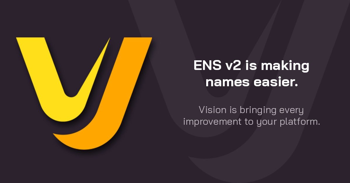 ensvision's tweet photo. ENS v2 Is Making Names Easier. Vision Is Bringing It to You.

The next generation of the Ethereum Name Service is about one thing above all: making your name easier to own, manage, and use. Here is what the ENS team is building, and how Vision will bring every one of those improvements to its platform.

The full piece covers four sections:

1. What the ENS Team Is Building - the universal resolver, role-based permissions baked into core, contract factories replacing monolithic shared contracts, and the collapse in gas costs for bulk operations, renewals, and subname creation.

2. What This Means for Your Name - lower cost, less manual record-keeping, and the flexibility to actually use subnames for events, DAO roles, and temporary projects.

3. How Vision Brings These Improvements to Its Platform - invisible migration (guided flow, batch migration, listings/offers survive), bulk operations as the default, subnames surfacing in search/portfolio/trading, and a single multi-wallet view.

4. The Bottom Line - protocol gets easier, Vision makes sure the experience does too.

🧡 https://t.co/dUKGN0oHzt