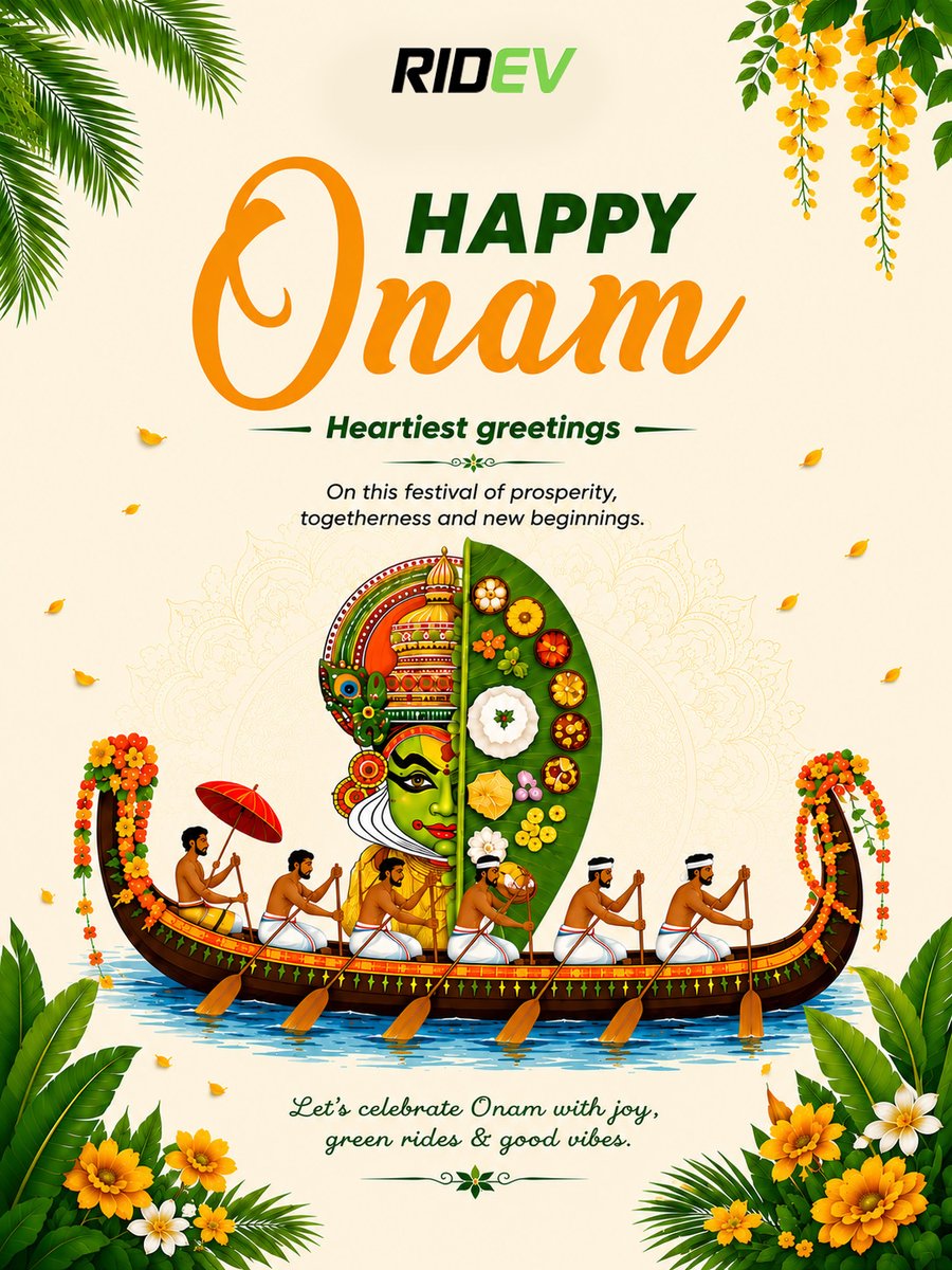 RIDEVOfficial's tweet photo. RIDEV परिवार की ओर से ओणम की हार्दिक शुभकामनाएँ! 🎊
ओणम आपके जीवन में समृद्धि, अपनापन और नई शुरुआत लेकर आए।
#Onam2026 #HappyOnam #RidEv #EVIndia #GoGreen https://t.co/fj3TZRMxQ5