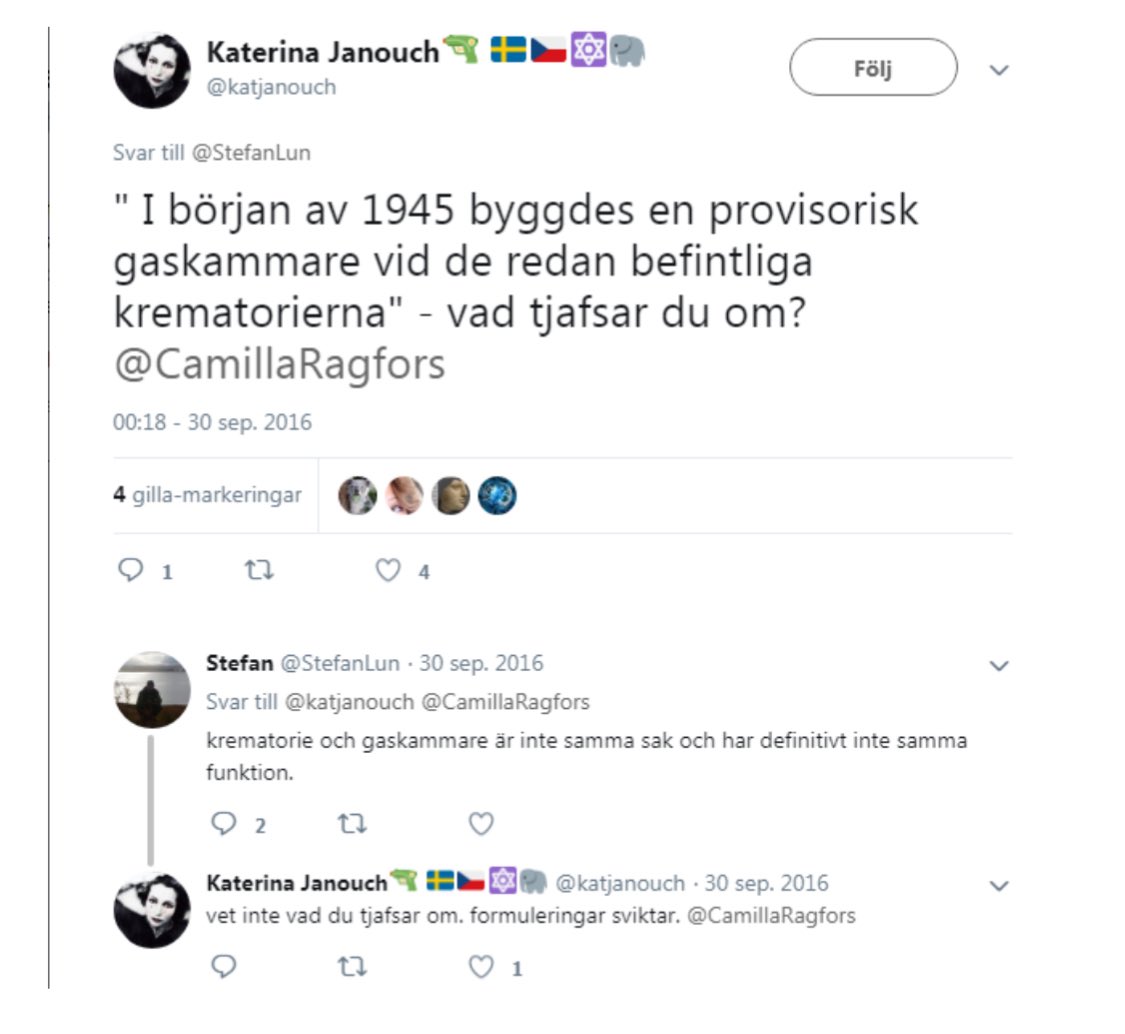 falskaltruist's tweet photo. En liten tillbakablick till stunden då mytomanen Katarina Janouch påstod att hennes släkting gasades ihjäl av nazisterna i Ravensbruck 1944 men fick det förklarat att det inte fanns gaskammare där 1944. Idag har hon bytt story och hävdar att det var i Auschwitz istället. https://t.co/FgiH8KjzsS