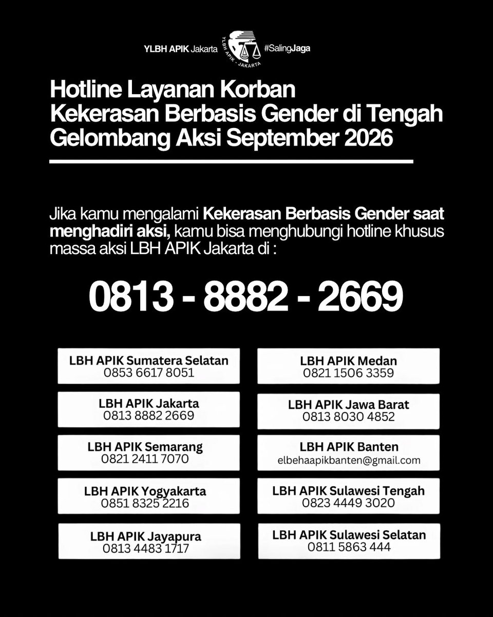LBHAPIK's tweet photo. Jika kamu atau kawanmu mengalami Kekerasan Berbasis Gender selama aksi demonstrasi, kamu bisa hubungi kontak hotline LBH APIK Jakarta yang tertera di bawah.

#salingjaga dan pastikan kamu membaca panduan hak dasar dan keamanan aksi di bawah juga! https://t.co/ONNUy3u1Jj