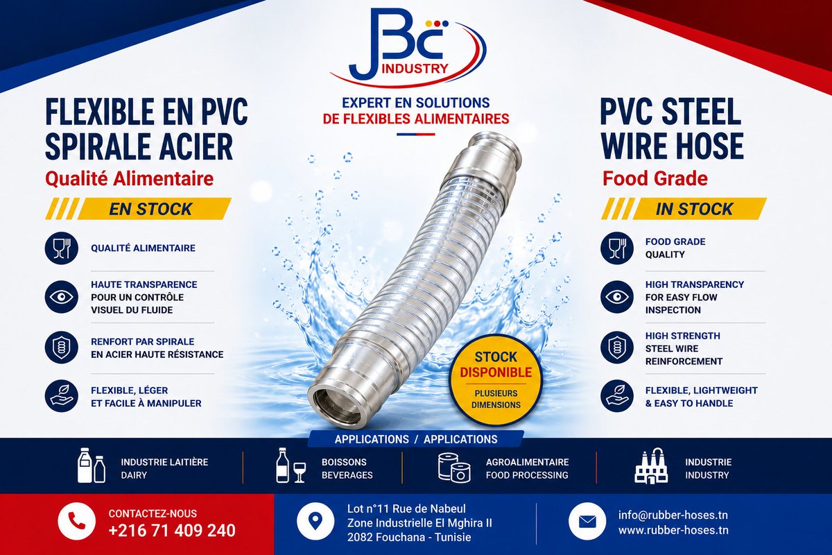 Jbc_Industry's tweet photo. ⚡ Flexible PVC Alimentaire Spirale Acier en STOCK chez JBC Industry !
📍 Z.I. El Mghira II 📞 +216 71 409 240 📧 info@rubber-hoses.tn
#JBCIndustry #TuyauAlimentaire #FlexiblePVC #Agroalimentaire #Industrie https://t.co/cJoWhAUoXa